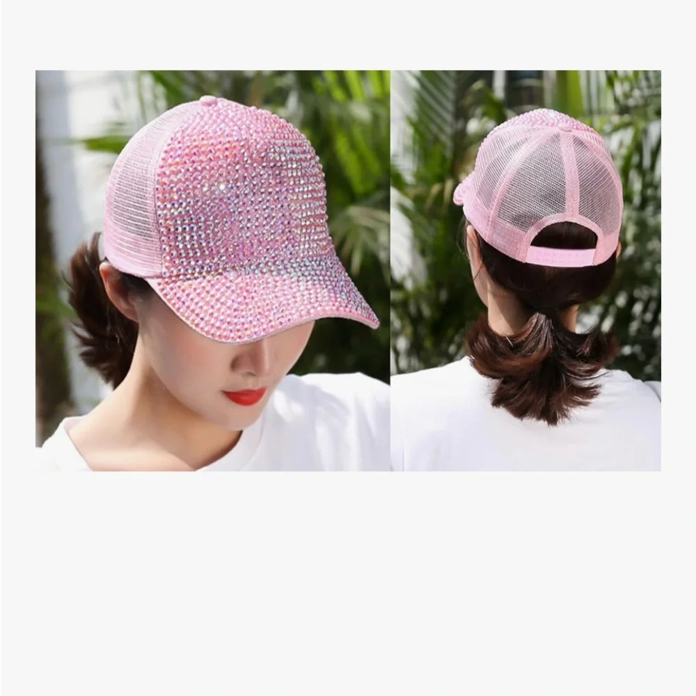 Sparkly Pink Rhinestone Bedazzled Beaded Baseball Hat Cap - Picture 2 of 9